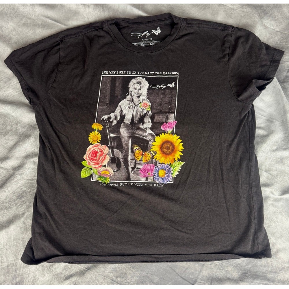 Dolly Parton Shirt Womens XL Black Graphic Tee Country Music Nashville Rainbow